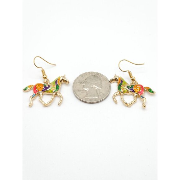 Gold-Tone Horse Earrings with Colorful Enamel Swirl Design Dangle Style Lightwei - Picture 8 of 12